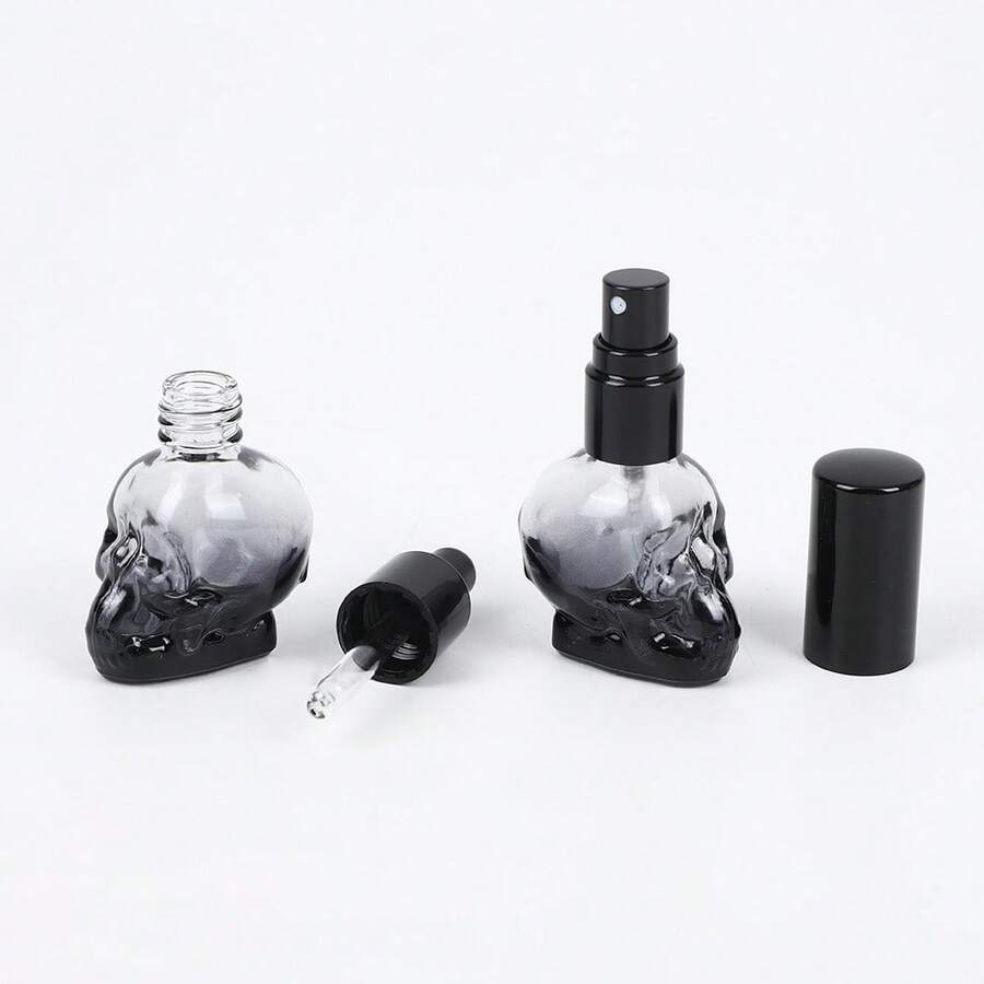 2pcs 8ml Transparent/Black Skull Glass Dropper Bottles, Leak-Proof Essential Oil Bottles, Portable Storage - Black - View 1