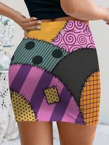 Women Summer Bodycon Skirt Nightmare Before Christmas Sally Inspired Patchwork Print Dress Halloween Costume Tee Spooky Season Apparel Quirky Fashion Top Comfortable Cotton Blend Adult Sizes Mini Skirt - Nhiều màu - Xem 2