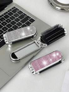 1pc Sparkling Rhinestone Folding Comb,Makeup Comb, Massage Comb, Luxury Mini Hair Brush With Mirror,Women's Hair Styling Compact, Portable Pocket Comb,Hair Products And Accessories For Barber Salon Beauty Travel Essentials,Perfect Gift For Family, Friends, Loved Ones,Ideal Birthday Gifts, Holiday Gifts, Party Gifts, Mother's Day Gifts,Wedding Gifts, Back-To-School Gifts - Multicolor - View 3