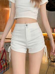 Casual Solid Color Button & Drawstring Ruched Sexy Shorts For Summer White - White - View 7