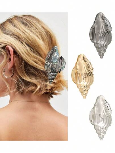 3个/套 9厘米/3.54英寸合金海螺纹理发夹，个性化爪形发卡，时尚百搭优雅简约发饰，适合日常、休闲、派对、海滩、度假、发型设计、洗发、化妆、搭配服装，春、夏、秋、冬皆宜。