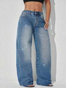 Low-Waist Wide-Leg Casual Blue Jeans With Slant Pockets & Beaded Embellishment Spring - 中等水洗 - 查看 13