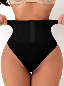 Women Seamless High Waist Tummy Control With Hook-And-Eye Closure Thong Design Lifting Shaping Briefs - 黑色 - 查看 5