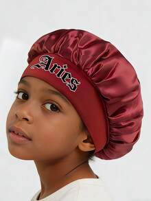 1pc Kids' Unique Constellation Cap: Burgundy Satin Hair Care Cap 12 Constellation Logo Practical & Eye-Catching Essential For Home - Burgundy - View 3