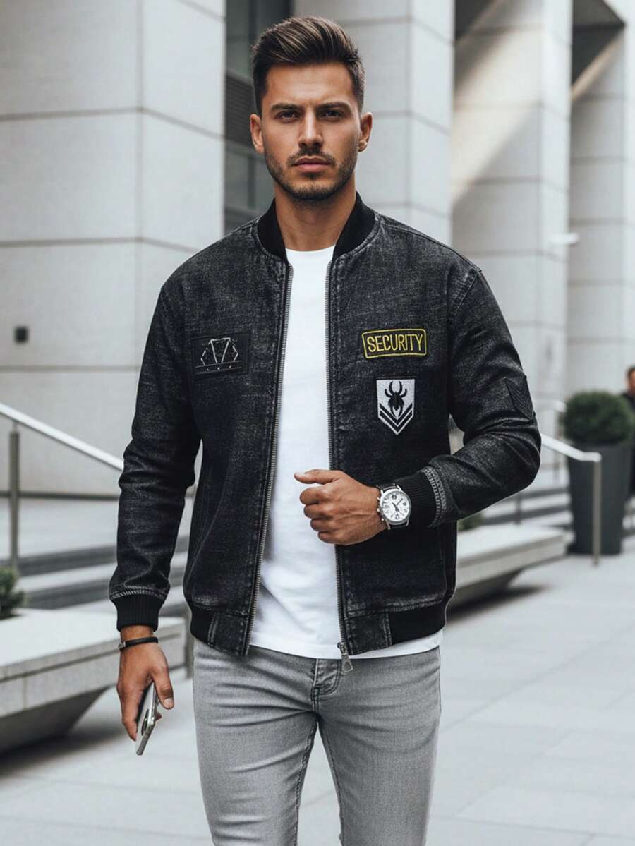 جاكيت رجالي بدون غطاء رأس مزود بسحاب إغلاق، ورقع وعلامات تآكل، وإغلاق برباط، وجيوب خارجية، وقصة ضيقة، وتفاصيل دقيقة على الأكمام وفتحة الأزرار. - الأسود - مشاهدة 1