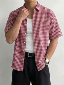Men's Retro College Style Plaid Shirt, Regular Fit, Light Red & White Fine Check Pattern, Fashionable College Style Short Sleeve Top, Essential Urban Street Wear Item - Multicolor - View 2