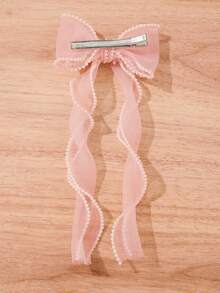 Kẹp tóc nơ ngọc trai lưới màu hồng - Hồng - Xem 2