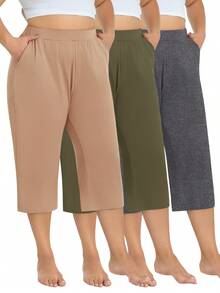 3-Pack Women's Plus Size Capri Sweatpants - Loose Cropped Yoga Lounge Pajama Pants With Pockets, Summer Casual Comfort - Xám đậm + xanh quân đội + kaki - Xem 14