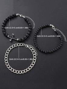 1件装时尚个性化不锈钢十字串珠手链套装，简约手工串珠链手链，男士理想礼物 - 黑色 - 查看 5