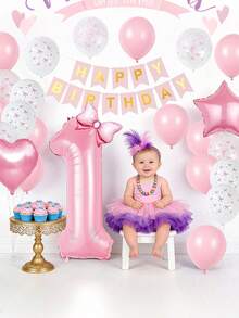 1set Girl's First Pink Bow Birthday Decoration, Light Pink Transparent White Bow Printed Top Hat Balloon, Pink Number 1 Balloon With Bow, Star Shaped Aluminum Foil Balloon Banner, Suitable For Baby's 1st Birthday Party Decoration - Multicolor - View 3