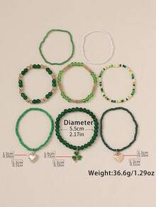 8pcs/Set Bohemian Style Clover Elastic Stackable Bracelets With Open Heart Glass Bead Pendant, Versatile Women's Jewelry, Suitable For Vacation, Daily, Party, Nightclub - Green - View 4