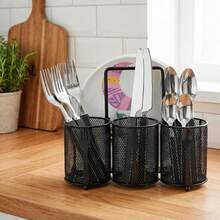 QWORK Soporte Para Cubiertos, Malla De Metal Negro Y Organizador De Acero Inoxidable Con 4 Compartimentos, Diseño De Mango Oculto, Ideal Para Cocina, Fiestas Y Eventos Al Aire Libre, 9.05 Pulgadas De - Multicolor - View 6