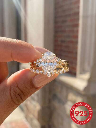 3pcs/Set Fashionable Rhinestone Rings, 925 Sterling Silver, Unique Ladies Ring Set, Suitable For Daily Wear, Dating, Exquisite Jewelry Gift For Women, New Year Gift, Valentine's Day Gift