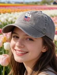 White Star Above Usa Text With American Flag Below On Black Background Usa 250th Anniversary Vintage Washed Adjustable Unisex Patriotic Baseball Cap - 黑色 - 查看 5
