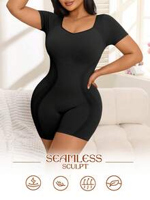 1 pieza Shapewear sin costuras para mujer, adelgazante de cintura y abdomen, levantador de glúteos, diseño sin costuras de alta elasticidad, body minimalista para uso diario - Negro - Ver 3