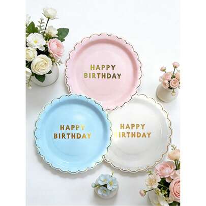 10pcs/20pcs/30pcs 7"/9" Pink, Blue, White Gold Foil 3-Color Wavy Paper Party Plates, Disposable Tableware Suitable For Birthday Party, Gold Letter Cake Hollow Shape Plates, Decorations For Men And Women Birthday Party