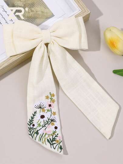 1个米色布艺刺绣蝴蝶结发夹，花卉刺绣图案，长尾蝴蝶结发饰，休闲时尚日常发夹，田园风旅行发卡，精致发饰，女士必备