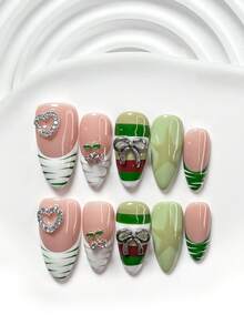 10pcs Sweet Personalized Handmade Nail Art Set, Including Gel Nail Kit, 3D Heart, Cherry And Bow Nail Decorations, Striped, Star Nail Decors, Green, Red And White Nail Polish, Chic Color Block Style, With Nail Tools (1 Jelly Sticker + 1 Nail File). 3 Sizes Available: Square, Short Square, Almond. Suitable For Party, Daily, Party, Photography, Spring/Summer Commute Press On Nails - 彩色 - 查看 13