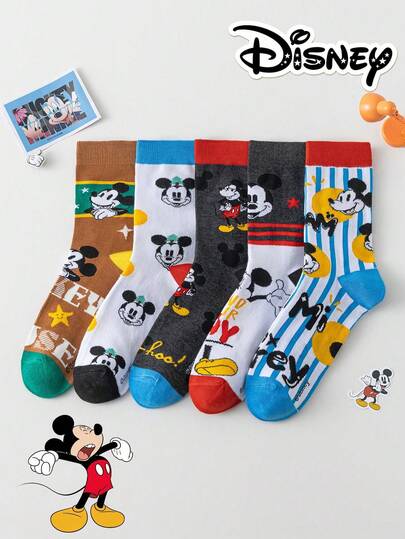 Disney 1/5/10双装正品迪士尼袜子，男女通用卡通动漫袜子，舒适室内拖鞋，新奇礼物。透气、防臭、吸湿排汗，休闲卡通印花中筒运动袜