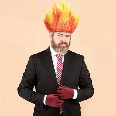 3pcs Men's Costume Set, Includes Flame Wig, Red Gloves And Striped Tie, Fun Halloween Party Performance Props