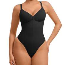 1 Pc Women'S Sexy High Stretch V-Neck Spaghetti Strap Shapewear Bodysuit, Zipper Front Waist Training Slimming Bodysuit - màu đen - Xem 6