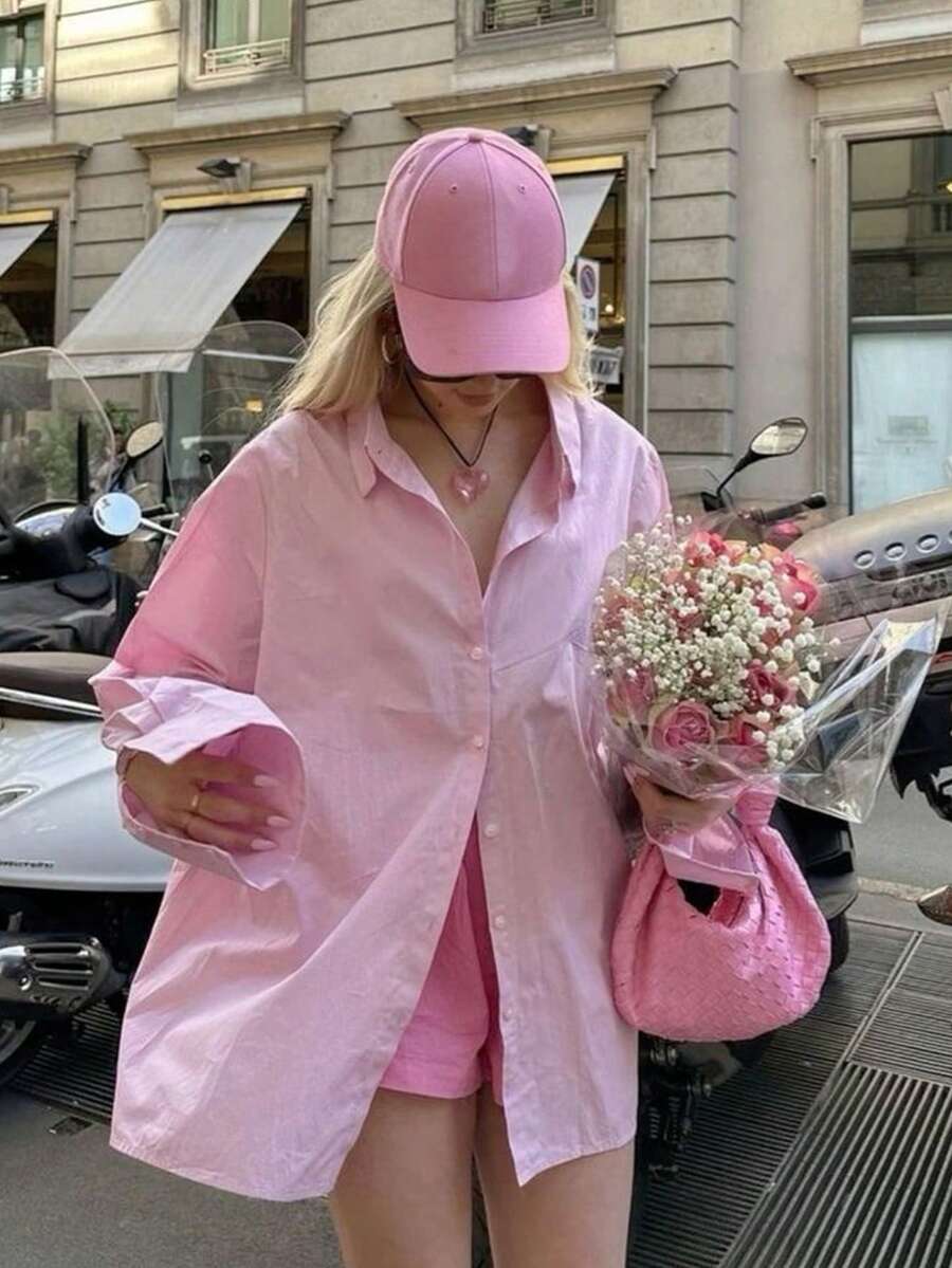 Casual Loose Front Button Long Sleeve Shirt, Unisex Korean Streetwear Style, Spring/Summer - Pink - View 1