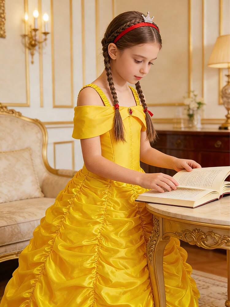 2pcs/Set Girls Yellow Spaghetti Strap Princess Dress, Pleated Puffy Skirt, Children Party Dress, Suitable For Party, Holiday, Ball, Performance, Celebration, Evening Gown - Yellow - View 1