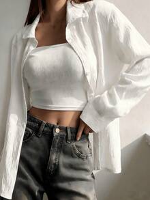 White Woven Casual Shirt, Mature & Innocent Style, Suitable For Dates, Daily Wear, Spring/Summer Outfits - White - View 1