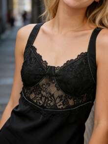 Women's Lace Patchwork Tank Tops Summer Fashionable V Neck Ruffle Hem Going Out Vest - Black - View 4