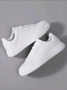 36-45码男女通用系带休闲运动鞋，高品质白色鞋，多功能软底学生滑板鞋，防滑耐穿 - 白色 - 查看 6