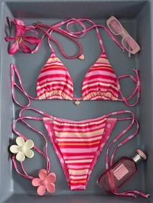 女士性感挂脖蝴蝶结比基尼套装，沙滩度假服，休闲度假优雅沙滩泳装，波点条纹印花设计，采用高弹透气面料，适合沙滩度假、音乐节、情人节等场合，女士沙滩度假装，女士泳装，夏季假日装，粉色比基尼套装 - 彩色 - 查看 3