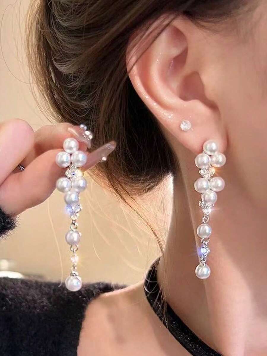 1 Đôi bông tai hợp kim đính đá và ngọc trai giả, phụ kiện cưới thanh lịch, bông tai hình chùm nho cổ điển cách điệu. - Bạc A - Xem 1