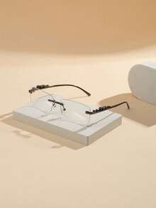 1副男士黑色枪灰色无框金属豹纹复古平框眼镜，夏季新款时尚商务休闲眼镜，适合日常佩戴 - 黑槍色 - 查看 5