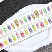 30Pcs Colorful Flower Press On Nails Medium Almond Nails With Rhinestones Design 3D Carved Floral Flash Pearl False Nails French Nail Tips Ins Blush Gradient Full Cover Artificial Nails Women - Hoa nhiều màu sắc kiểu ngọc trai 3 - Xem 2