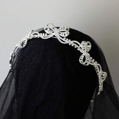 Silver Crown Headband With Rhinestone Bow, Princess-Style Birthday Tiara, Performance And Host Hair Accessory