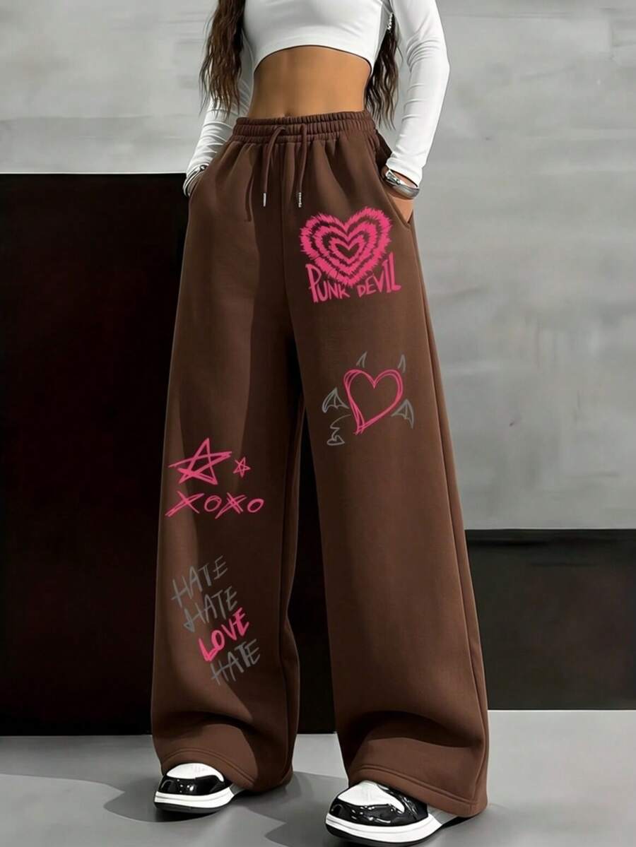 Women's Wide Leg Printed Streetwear Pants With Heart Punk Devil Xoxo Straight Leg With Pockets Basic Romantic Casual Sexy For Going Out Knit Fabric Pocket Drawstring Tie Birthday Party Holiday Travel Diary Home - 咖啡棕 - 查看 1