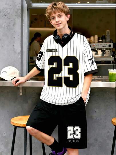 2pcs/Set Teen Boys' Retro Street Style Outfit, Includes Black & White Striped V-Neck Tee + Black Shorts, Suitable For School, Casual Outings, Weekend Shopping, For Teenagers