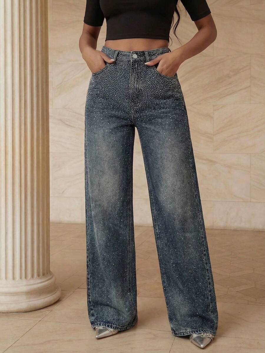 休闲漂白炫彩阔腿牛仔裤 - 藍色 - 查看 1