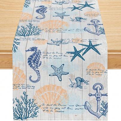 علم طاولة المحيط الصيفي، أصداف البحر، المرجان، نجوم البحر، ديكور الحياة البحرية للمطبخ، طاولة الطعام، الحفلات، الزفاف، المنزل