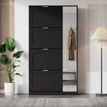 Modern Shoe Cabinet With Mirror, 4 Fold-Down Storage Compartments, Adjustable Shelf Behind The Right Mirror, Ideal For The Hallway, Black, Dimensions: W80/H147/D24 Cm - View 2