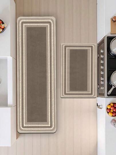 1 tấm thảm nhà bếp bằng cao su mềm thấm hút nước, dày 3.5mm, phù hợp cho diện tích lớn hoặc nhỏ, phong cách tối giản hiện đại hoặc sang trọng cổ điển, với khung hình chữ nhật lồng nhau trên nền màu nâu đậm, các đường trang trí màu lúa mì và họa tiết lưới, có thể cắt tỉa cho vừa với kích thước nhà bếp.