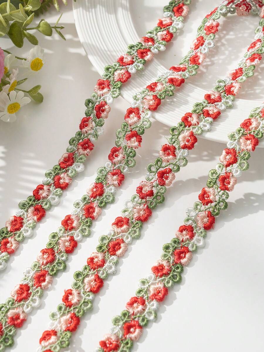 1yard 0.79in Floral Lace Trim Red Flower Ribbon Trim Decoration Embroidered Appliques Trim Ribbon For DIY Sewing Wedding Bridal Children Dress Decor Craft (Red)