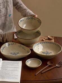 1 Set New Chinese Style Blue Painted Tableware, Highly Attractive Vintage Floral Asymmetrical Tableware, Freesia Series Plates, Breakfast Dessert Bowls, Vegetable Salad Mixed Rice Plates, Large Capacity Noodle Bowls, Suitable For Home, Restaurant, Cafe, Dessert Shop, Gift, Gathering, Party - Blue - View 1