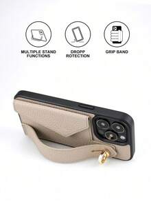 1pc Khaki Card Holder + Leather Phone With Wrist Strap Stand Function, Compatible With 11 12 13 14 15 16e 17 Plus Pro, S20 Ultra/ S21 Plus/ S21 Ultra/S22 Plus/S23 S24 S25 Ultra, 1 V/ 5 V/ 10 V Waterproof Shockproof Anti-Fall Scratch Resistant - Khaki - 查看 8