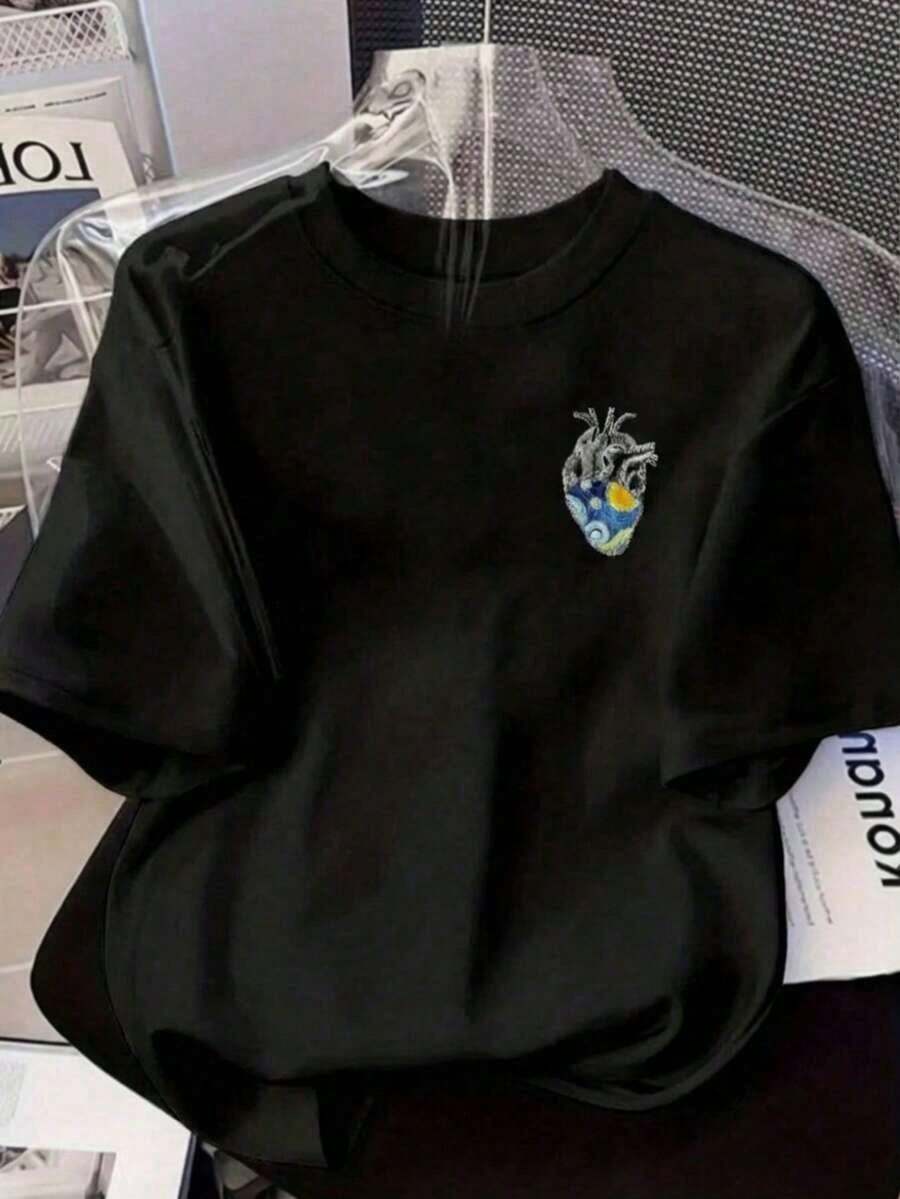 Camiseta Mujer Manga Corta Grafico corazon pintura noche estrellada van gogh estilo moderno juvenil Cuello Redondo Estilo Moderno Casual - Negro - Ver 1