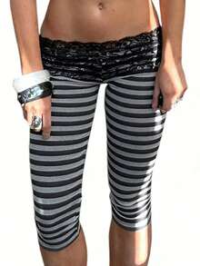 Lace Lettuce Trim Mid Waist Capri Leggings For Women Stripe Elastic Waist Ruffles Hem Tight Slim Fit Cropped Pants Coquette Leggings - 深灰色 - 查看 2