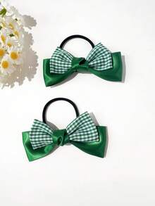 2pcs Fashionable Versatile Delicate Princess Style Hair Accessories/Hair Ties, Double-Layer Glossy Bow Design Hair Ties, Essential For Daily Hairstyles And Braiding - Green - View 3