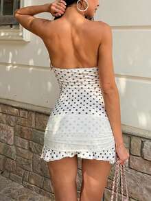 Đầm cúp ngực ôm sát kiểu Pháp gợi cảm in chấm bi của DOUCIU với dây thắt nút, thích hợp cho tiệc tùng và hộp đêm. - Màu be - Xem 4