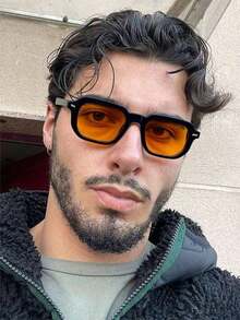 1PC Men's Casual Basic Retro Rectangular Fashion Glasses Suitable For Holiday Outings, Daily Outfit Matching, And Work Commuting - Black Orange - View 1