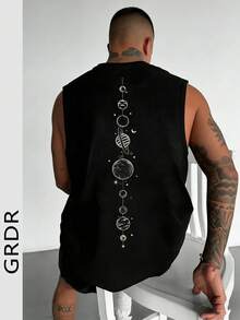 GRDR 男士极简印花休闲宽松圆领背心，百搭夏季街头服饰 - 黑色 - 查看 4